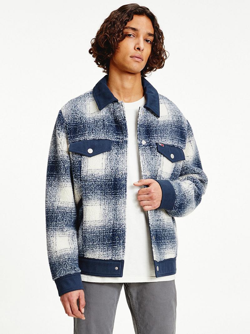 Férfi Tommy Hilfiger Recycled sherpa check trucker Kabát Kék Fehér | HU 1202UZG